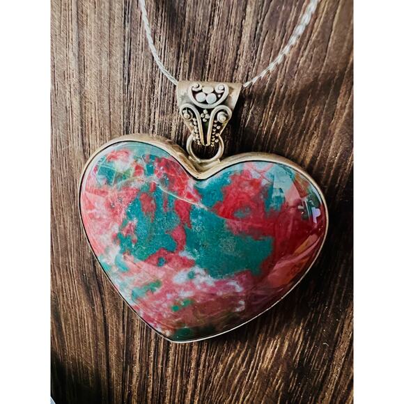 Large Sterling Silver Bloodstone Heart Pendant Red Green Pattern Decorative Bail - Picture 6 of 7